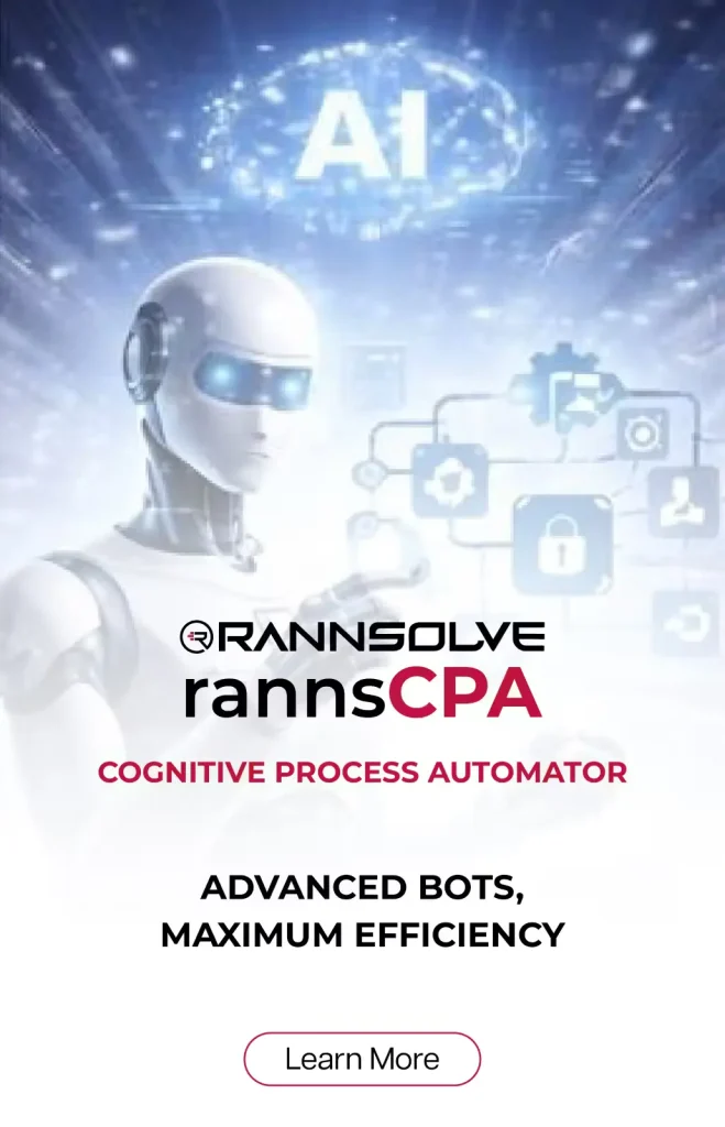 Promotional banner showing a white humanoid robot beside a network of icons, with 'AI' and 'Cognitive Process Automator' text and a 'Learn More' call-to-action button below.