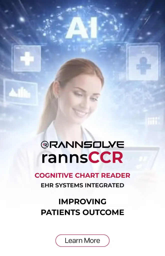 Promotional banner featuring a smiling clinician with AI interface icons and the headline 'rannsCCR Cognitive Chart Reader' for an AI medical tool, plus a 'Learn More' button below.