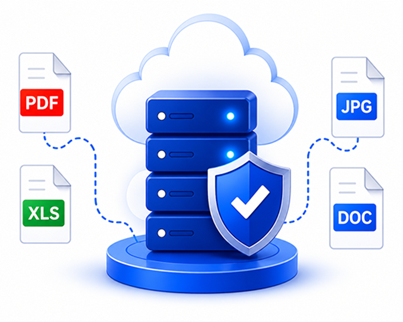 Cloud storage server with a security shield, connected to PDF, JPG, XLS, and DOC file icons.",