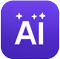 Purple app icon with white 'AI' lettering and small stars above.