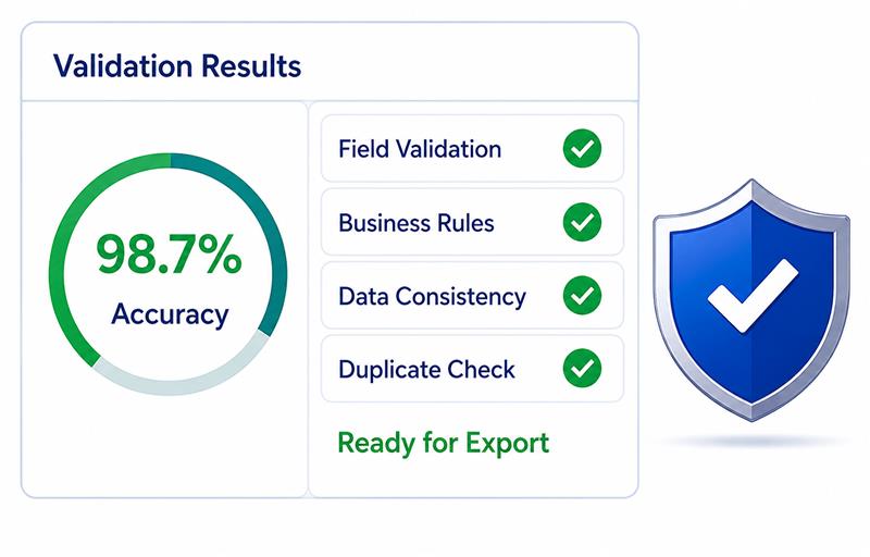 Validation results panel showing 98.7% accuracy and four validated checks: Field Validation, Business Rules, Data Consistency, and Duplicate Check; status: Ready for Export with a shield badge.