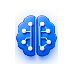 Blue stylized brain icon with white interconnected nodes and circuit-like lines in the center of a soft glow.