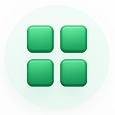 Four glossy green rounded-square tiles arranged in a 2×2 grid on a pale circular background.