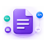 Purple document icon with floating badges labeled PDF, API, and email, suggesting digital documents and integrations.