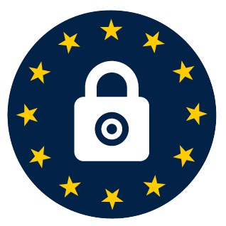 Privacy and security icon: white lock inside a dark blue circle surrounded by yellow European Union stars.