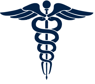 Caduceus symbol: winged staff with two snakes entwined, representing medicine and healthcare
