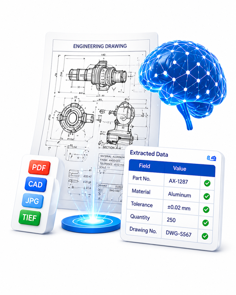 Engineering drawing with a blue neural-brain hologram, plus CAD, PDF icons and a data extraction table.