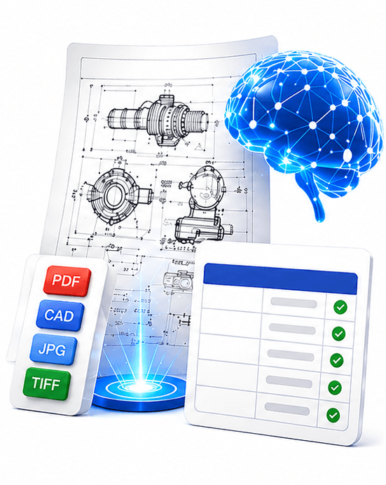 Technical blueprint of mechanical parts with a glowing blue neural-network brain and a panel of file-type icons (PDF, CAD, JPG, TIFF) plus a checklist with green checks.