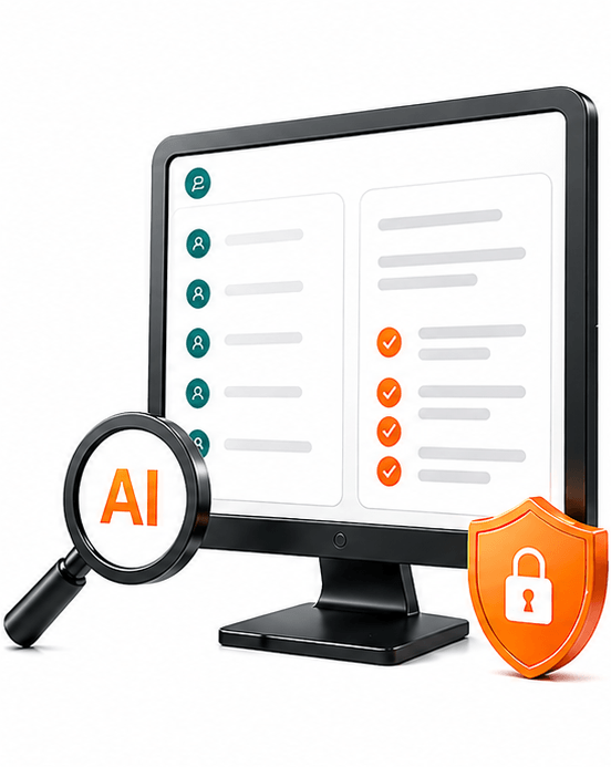 AI-powered review interface on a monitor with user icons and checklists, plus a magnifying glass labeled AI and a padlock shield for security.
