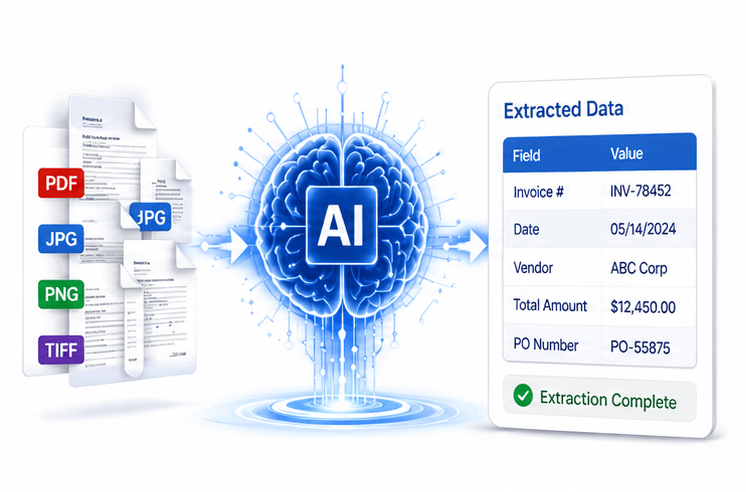 AI-powered data extraction from mixed documents (PDF/JPG/PNG/TIFF) to a structured data table with status: Extraction Complete.