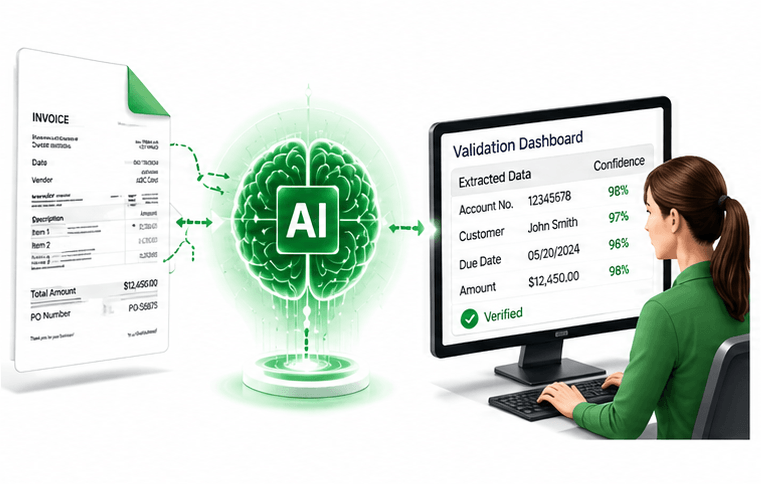 Invoice document on the left connected to a glowing AI brain, feeding a Validation Dashboard on a monitor operated by a woman.