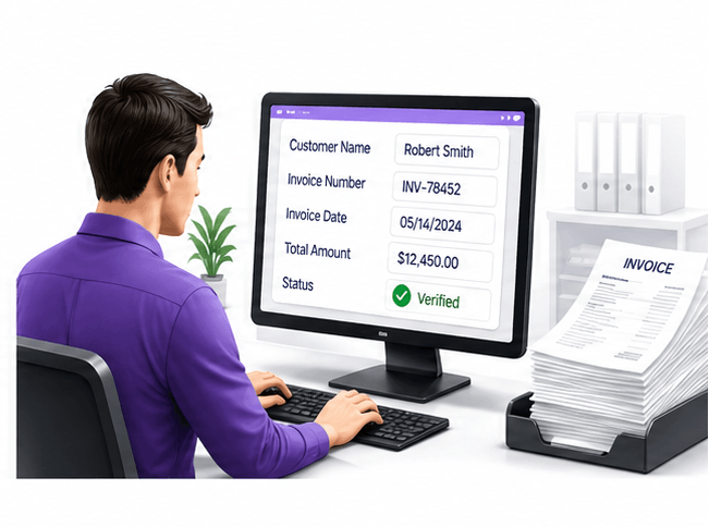 Man in a purple shirt sits at a desk and looks at an invoice summary on a computer monitor, showing a verified status.