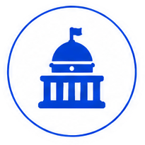 Blue circular badge featuring a government capitol dome icon with a flag on top