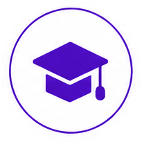 Purple graduation cap icon inside a circular badge, symbolizing education/learning