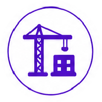 Purple construction crane lifting a building inside a circular purple badge emblem