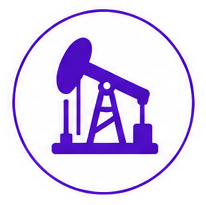 Purple oil pump jack icon inside a white circular badge, representing oil extraction.