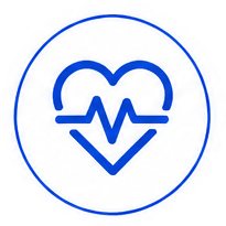 Blue heart with a heartbeat line across it, inside a circular blue-outlined badge (heart health icon)
