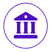 Purple government or bank building icon with pillars inside a double circular border