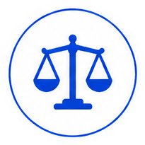 Blue scales of justice emblem symbolizing balance and fairness in law.