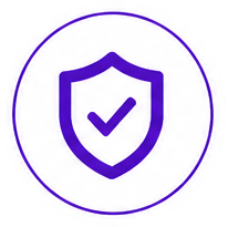 Round badge with a purple shield and checkmark, symbolizing security or verification.