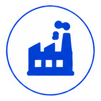 Blue factory/industrial facility icon inside a circular badge, representing manufacturing or industry.