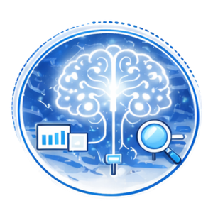 Circular blue AI analytics icon: brain-shaped circuitry with a magnifying glass and a small chart, symbolizing data search and analysis.