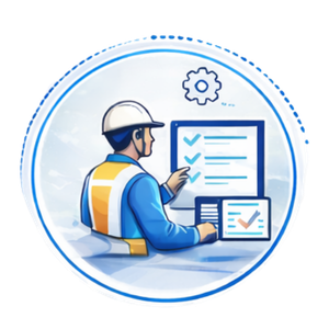 Construction worker in a blue safety vest and hard hat reviews a digital checklist on a large screen with a tablet nearby.
