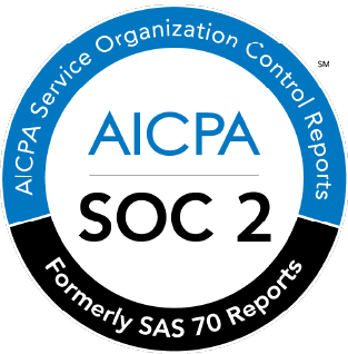 AICPA SOC 2 certification badge; outer ring reads 'AICPA Service Organization Control Reports', bottom 'Formerly SAS 70 Reports', center shows 'AICPA' and 'SOC 2'