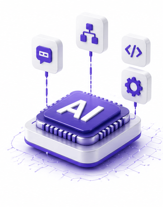 3D AI chip with floating icons for chat, data flow, code, and settings connected by purple lines.