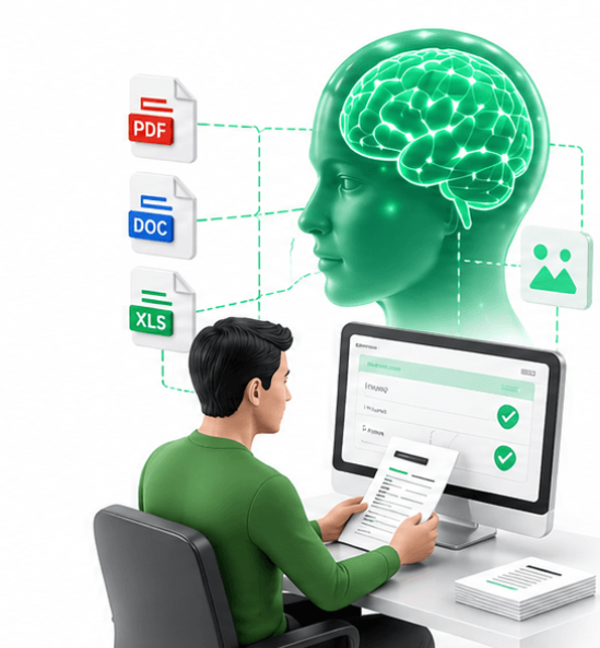 Person at a desk reviewing documents on a computer with floating file icons (PDF, DOC, XLS) and a glowing brain diagram above, symbolizing AI data processing.