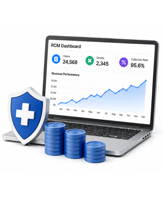 Laptop displaying an RCM dashboard with claims, denials, and collection rate; shield and stacked coins suggest data security and revenue.