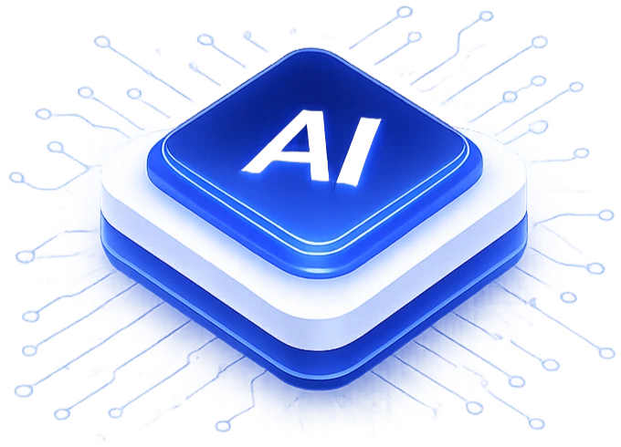 Blue glossy 3D AI icon with stacked layers and circuit-like rays emanating outward.