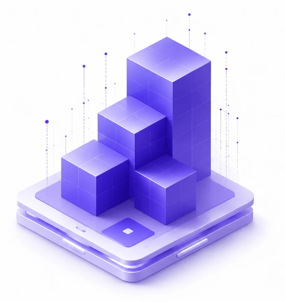 Isometric illustration of stacked purple cubes forming a bar chart on a smartphone, representing mobile data analytics and growth