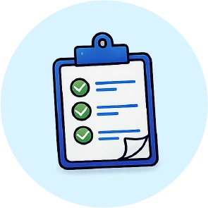 Book-A-Demo-Icon-01_1-8webp - Rannsolve Clipboard with three green checkmarks and listed items, symbolizing a completed to-do list on a light blue circular background.