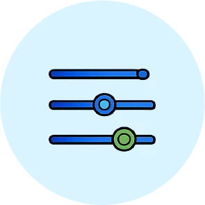 Book-A-Demo-Icon-02_1-8webp - Rannsolve Three horizontal range sliders stacked vertically with circular thumbs; top two blues and the bottom slider has a green thumb.