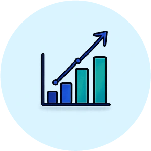 Book-A-Demo-Icon-03_1-8webp - Rannsolve Bar chart with four teal bars and a blue upward-trending line indicating growth, on a light blue background