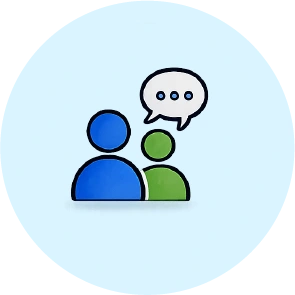 Book-A-Demo-Icon-04_1-8webp - Rannsolve Two stylized people icons in blue and green with a speech bubble containing three dots, indicating conversation.