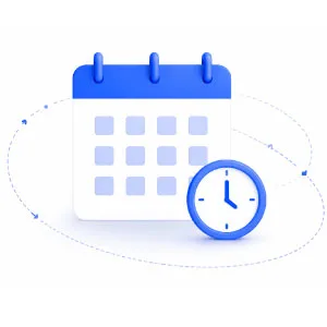 Blue calendar icon with a clock in front, signaling scheduling or an appointment.