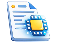Document icon with a blue processor chip, symbolizing data processing or computing on documents.