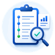 Clipboard with a checklist and a magnifying glass, plus a small bar chart, symbolizing inspection and analysis