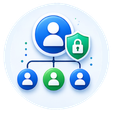 Group of user profile icons around a central blue circle with a green lock, representing secure user accounts and access.