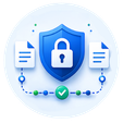 Blue shield with a padlock at center, documents on sides, and connected nodes, symbolizing data security and protection.