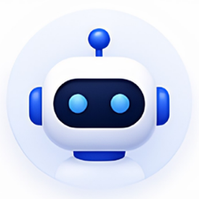 Friendly white and blue robot head avatar with antenna on a soft blue circular background.