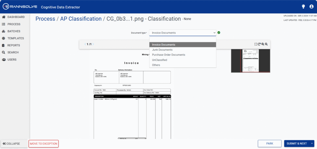 Screen capture of a data extraction UI with a 'Document type' dropdown open showing Invoice Documents among options; left sidebar navigation and document preview visible.