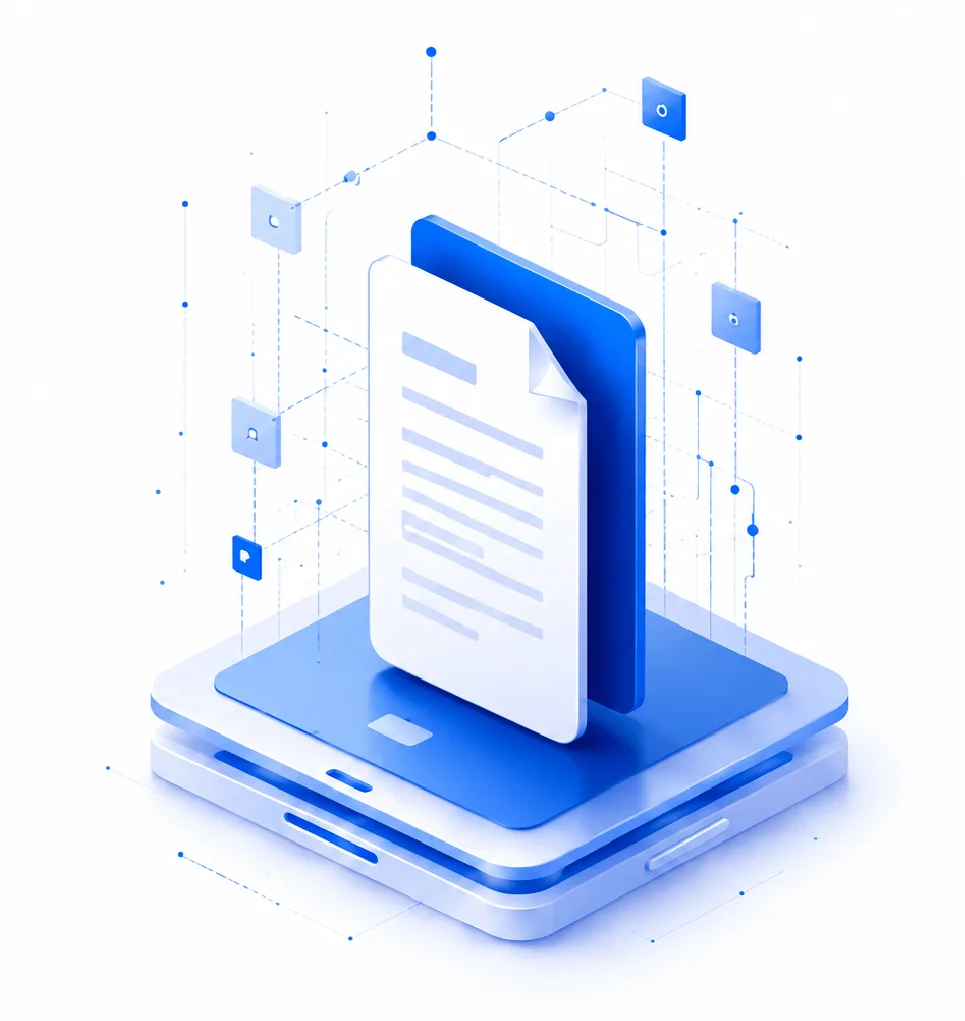 3D illustration of a document standing on a blue device, with network lines and icons representing digital file sharing.