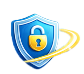 Blue shield with a gold padlock, representing online security