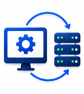 Illustration of a computer monitor with a blue gear syncing with a server rack, showing data synchronization between PC and servers.