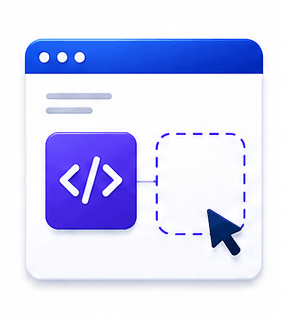 Illustration of a browser-like window with a purple code icon and a dashed placeholder area with a cursor, suggesting adding code.
