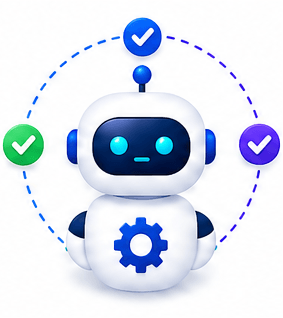 Friendly white robot with blue accents and a gear on its chest, encircled by check marks signifying automation/verification.