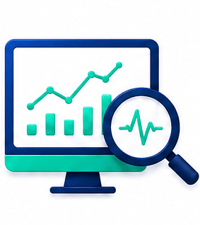 Monitor showing line and bar charts with a magnifying glass over a heartbeat graph, symbolizing data analysis.